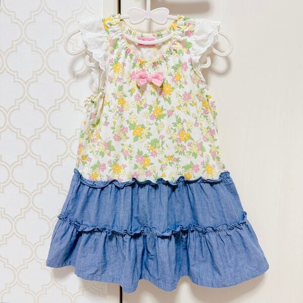 ミキハウス ホットビスケッツ 半袖 お花柄 ワンピース フリル 女の子 90cm