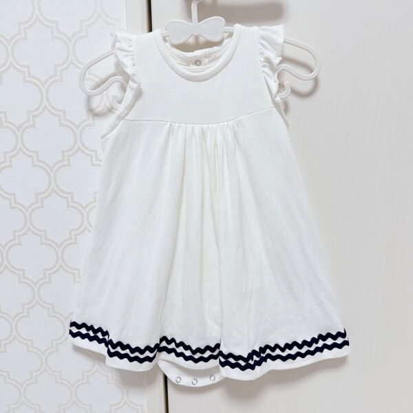 【 美品 】プチバトー 白 半袖 フリルワンピース ロンパース 女の子 80cm