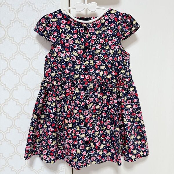 【 美品 】BeBe べべ 半袖 お花柄 ワンピース ネイビー 100cm