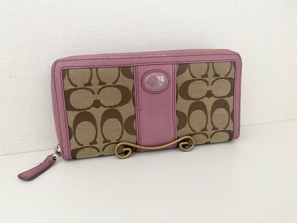 COACH コーチ シグネチャー キャンバス×レザー ラウンドファスナー 長財布