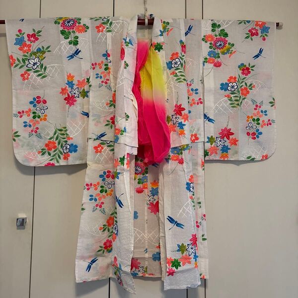 女児 ガールズ 女の子 浴衣 白地 花柄 帯 セット