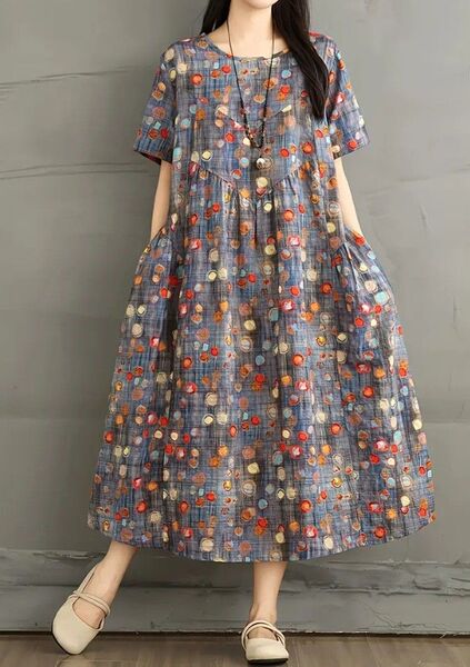 新品 大きいサイズ ドット柄 リネン ゆったり ワンピース XL