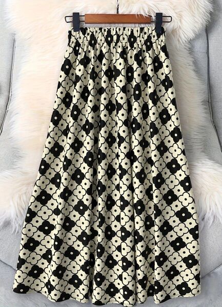新品 大きいサイズ モノトーン デザイン花柄 ロング フレアスカート 2XL
