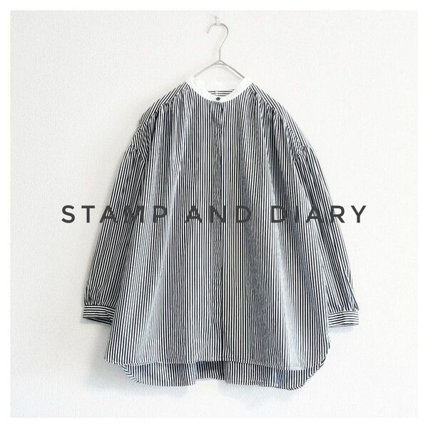美品 STAMP AND DIARY スタンドカラーギャザーブラウス ストライプ グレー ホワイト