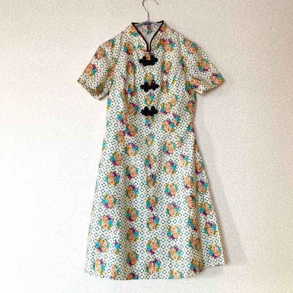 vintage 昭和レトロ 花柄 薔薇 チャイナ ミニワンピース 70s 80s