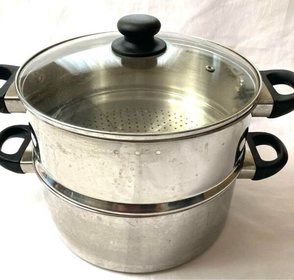 ステンレススチール 蒸し器 ガラス蓋付き 中型 訳あり