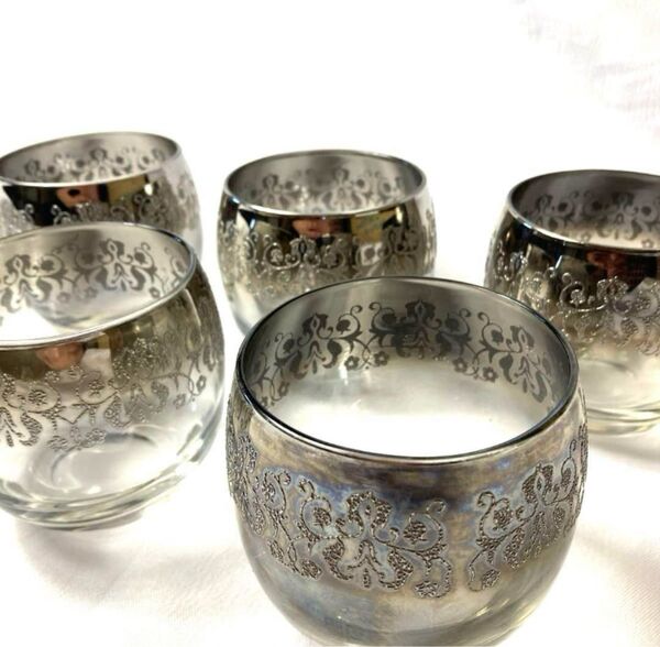 レトロ 70-80s アメリカン ヴィンテージグラス 5個 酒器 銀彩 訳あり