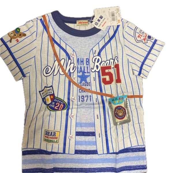 ミキハウス 騙し絵 Tシャツ 半袖 日本製 タグ付 き ワッペン 110 コットン プリント 野球 ユニフォーム