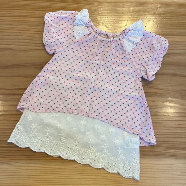 【90サイズ】トップス Tシャツ 半袖 ピンク ドット柄 フリル 女の子