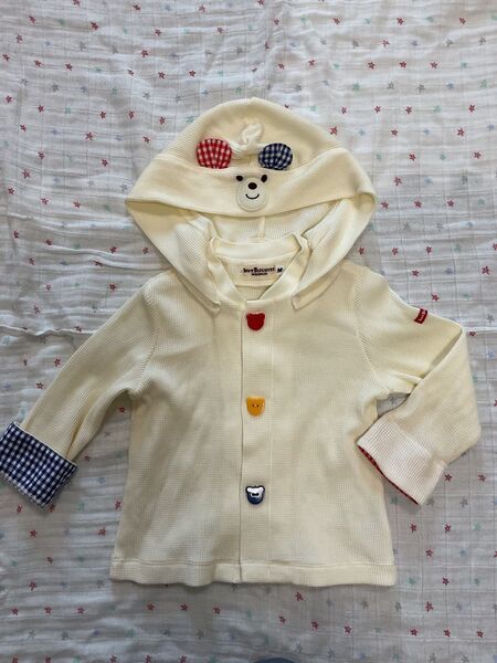 ミキハウス ホットビスケッツ 顔ドン フード付きパーカー 美品 羽織り 冷房対策 ワッフル生地 ベビー服 女の子 男の子