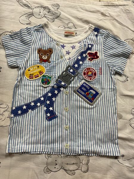 ミキハウス 豪華騙し絵Tシャツ 100サイズ 訳あり美品 プッチー ワッペン ストライプ ブルー 半袖シャツ キッズ