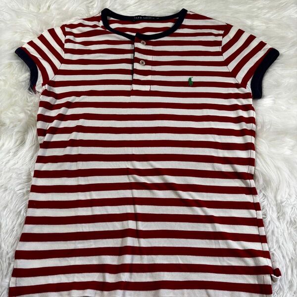 Ralph Lauren ラルフローレン レディースヘンリーネックショートスリーブTシャツM 赤白ボーダー柄 グリーンポニー