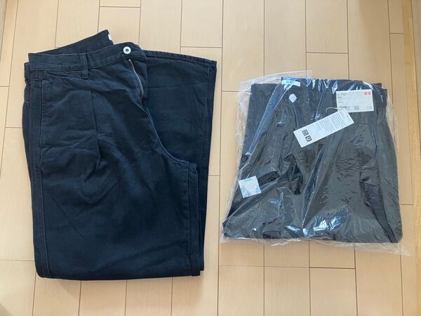 新品 ユニクロ UNIQLO デニム 2点 セット タック ワイド パンツ ジーンズ チノ U ブラック 76 30 インチ 兼用