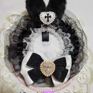 ハンドメイド ロゼット 痛ロゼット 黒 白 うさ耳 耳付き リボン