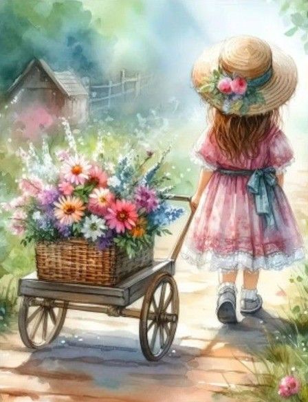 新品ダイヤモンドアート30×40かわいい女の子と花籠 絵画 花 フラワー イラスト 作成キット【no.230】