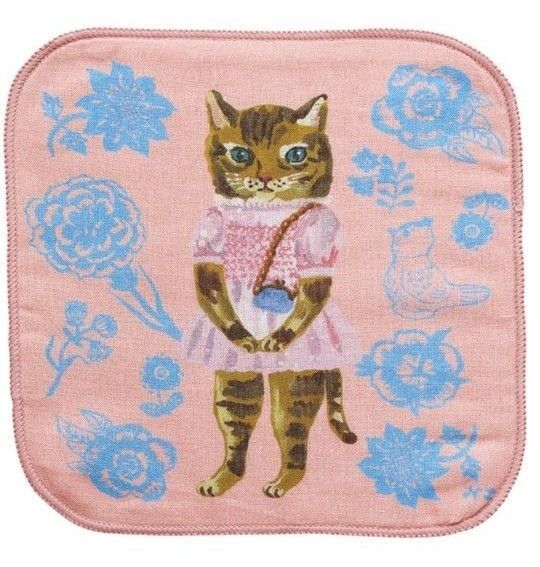 ナタリーレテ タオルハンカチ ピンク マヤ ガーゼ 新品 猫
