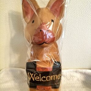 ★新品未使用★木製 ウエルカムドール Welcome 置物 インテリア 豚 ぶた ブタ ウェルカムプレート 木彫り