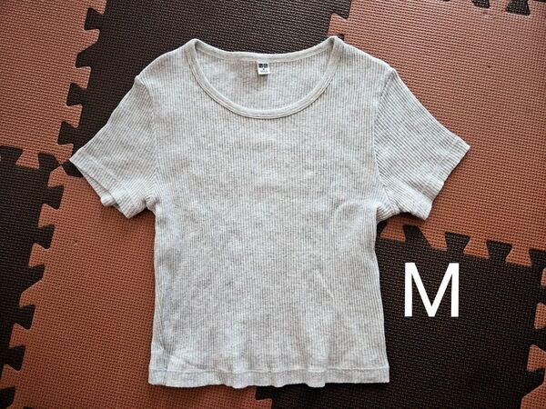 UNIQLOユニクロ★リブクロップド半袖TシャツM★ライトグレー