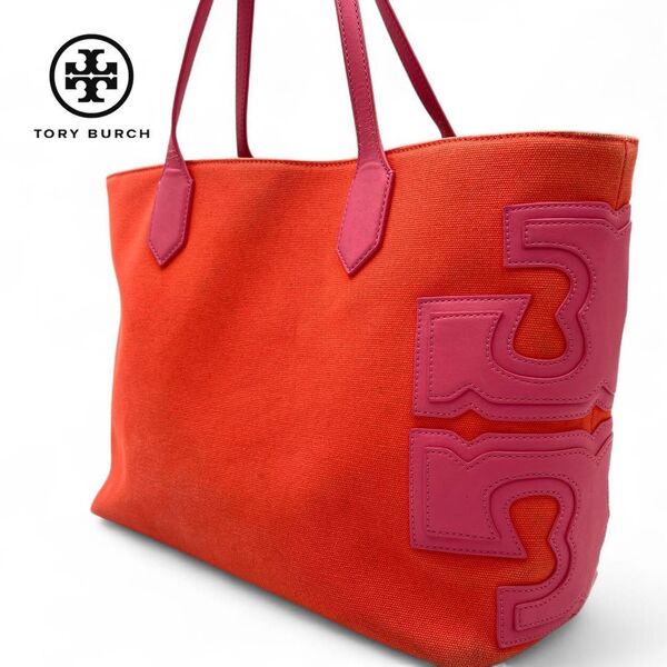 Tory Burch トートバッグ オレンジ ピンク キャンバス A4収納可