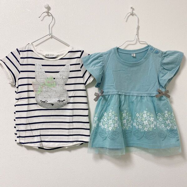 中古 半袖Tシャツ 半袖 Tシャツ トップス H&M 女の子 うさぎ ボーダー チュール付きTシャツ 2枚セット 95