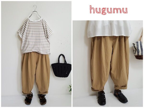 hugumu コットンリネン テーパードタックワイドパンツ