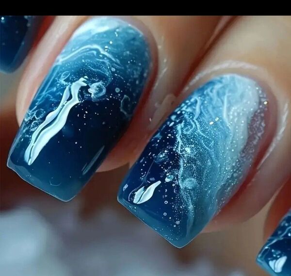 ネイルチップ 現品 グラデーション ブルー 宇宙 艶 ツヤ ジェルネイル マグネット 海 青深海 大人 きれいめ キャバ ギャル