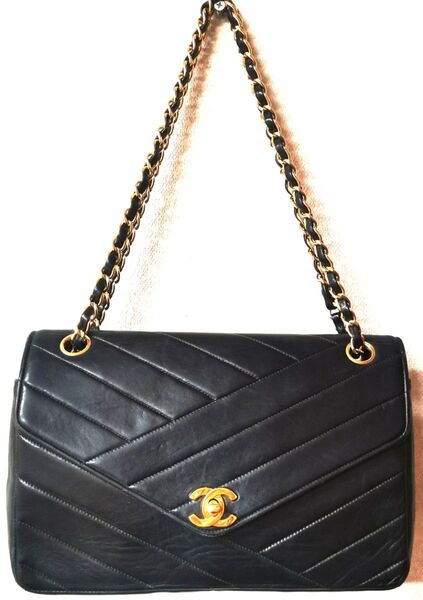 シャネル CHANEL バイアスステッチ チェーンショルダーバッグ ブラック ゴールド金具 ラムスキン ショルダーバッグ レザー