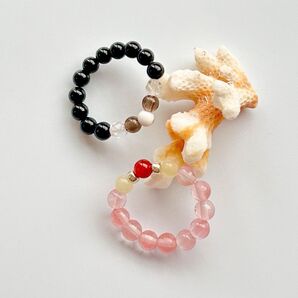 天然石リング指輪 オニキス スモーキークォーツ チェリークォーツ ガーネット ペアリング ジュエリーポーチ付き