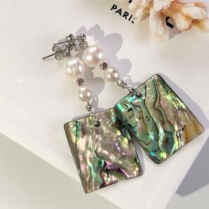シルバージュエリー 真珠パールピアス 白蝶真珠 貝 スタッドピアス ロング 高品質 大ぶり