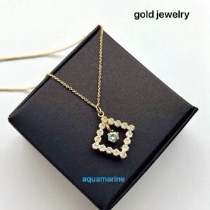 gold jewelry スクエア ジルコニアダイヤ アクアマリンネックレス 一粒ダイヤ ダイヤ