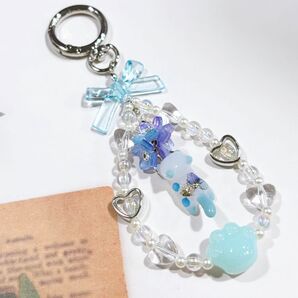 レジン紫陽花猫ちゃん×ビーズキーホルダー No.1539 ハンドメイド