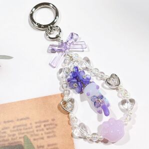 レジン紫陽花猫ちゃん×ビーズキーホルダー No.1540 ハンドメイド