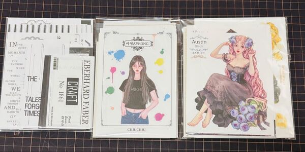 韓国作家 女の子ステッカー ブラック、グレー系40枚とコラージュ素材30枚おすそ分けセット hwara、chiu、ggaggong