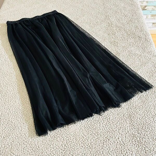 大きめXLGU チュールロングスカート 黒 大人 上品 通勤 通学 オフィカジ ギャザー