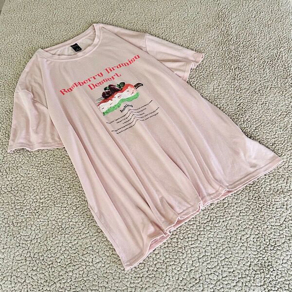 夏大きめ【XL】デイジー 半袖プリント Tシャツ 淡ピンク ゆったり 丈長め シンプル コットン