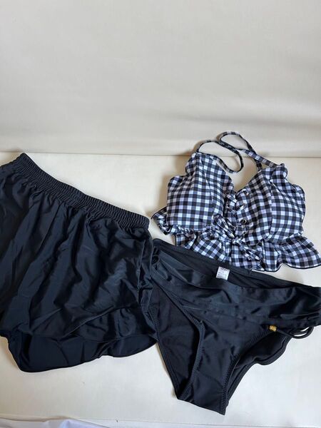 水着3点セット 黒 白黒チェック ビキニ ショートパンツ Lサイズ レディース