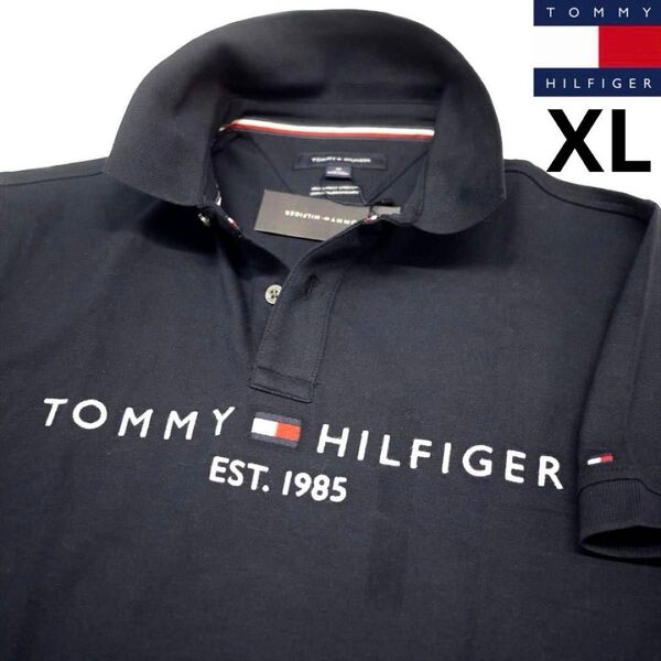 トミーヒルフィガー XL 刺繍ロゴ ストレッチ ポロシャツ 紺 ゴルフにも TOMMY HILFIGER