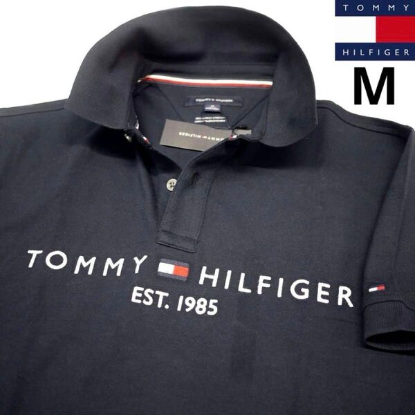 トミーヒルフィガー M 刺繍ロゴ ストレッチ ポロシャツ 紺 ゴルフにも TOMMY HILFIGER
