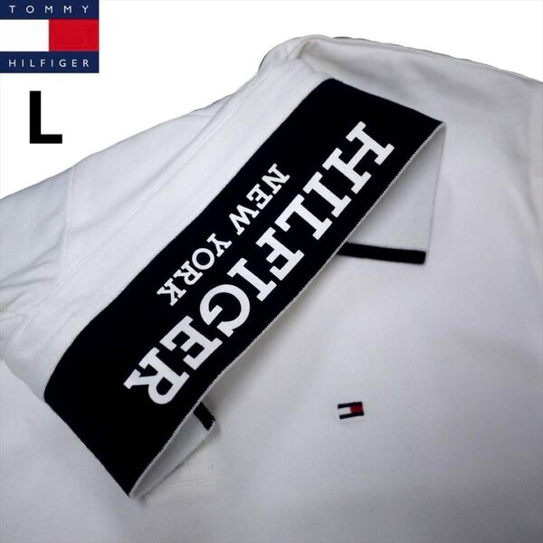 新品 トミーヒルフィガー L 刺繍ロゴストレッチ ポロシャツ 白 ゴルフにも TOMMY HILFIGER