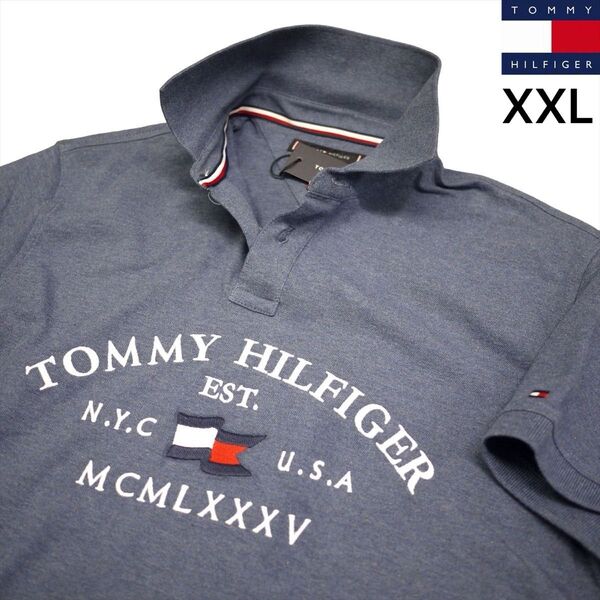 トミーヒルフィガー XXL 刺繍ロゴ ストレッチ ポロシャツ ブルー系 ゴルフにも TOMMY HILFIGER