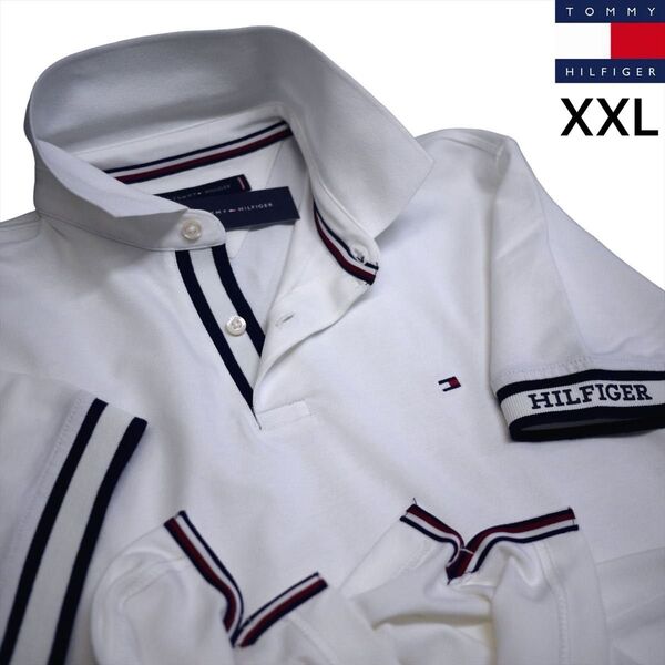 トミーヒルフィガー XXL 刺繍ロゴ ストレッチ ポロシャツ 白 ゴルフにも TOMMY HILFIGER