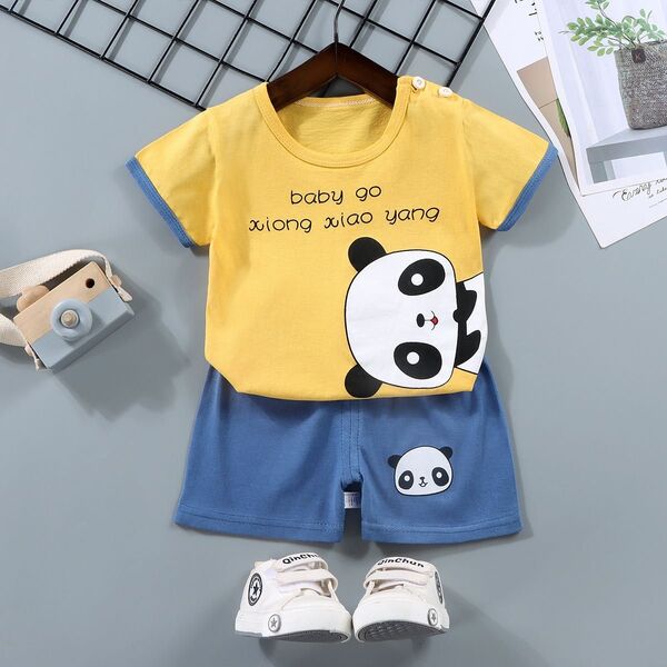 【ベビー服セット】パンダ柄Tシャツ&ショートパンツ 上下2点セット(男女兼用)
