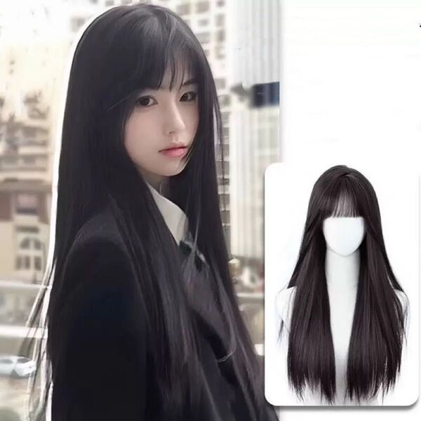 韓国風ロングウィッグ|黒髪ストレート×前髪あり|ナチュラル耐熱フルウィッグ
