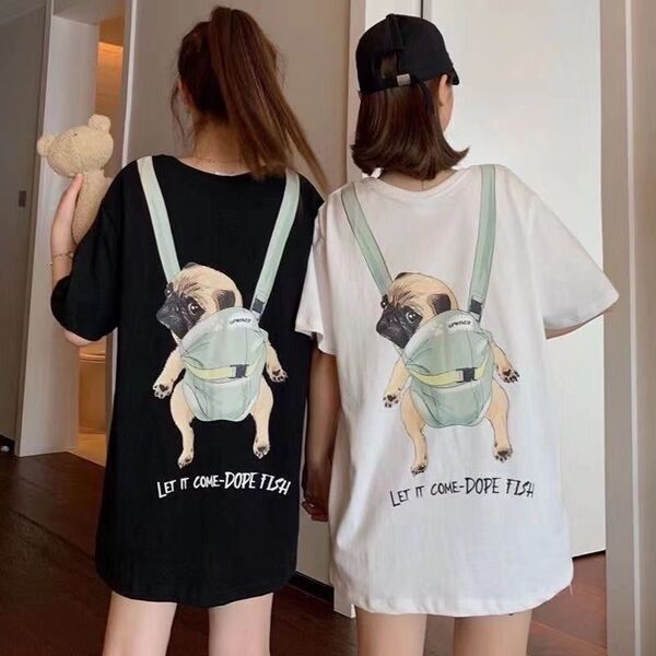 大きいサイズ Tシャツ 夏服 半袖 ストリート ロゴ 白 2XL 犬 パグ