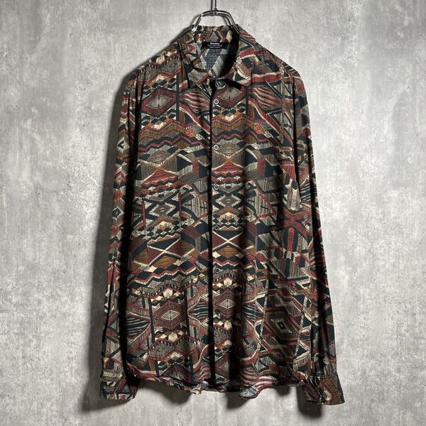 【美品】Bershka|ベルシュカ,総柄,幾何学模様,レーヨン,長袖シャツ