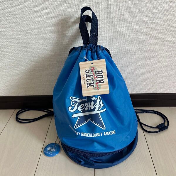 新品未使用 プールバッグ BON SACK ナップサック 巾着 ブルー 青 お名前タグ付き