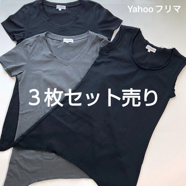 イレギュラーヘム カットソー 3枚まとめ売り Vネック半袖Tシャツ タンクトップ ノースリーブ ブラック グレー 無地 黒 灰色