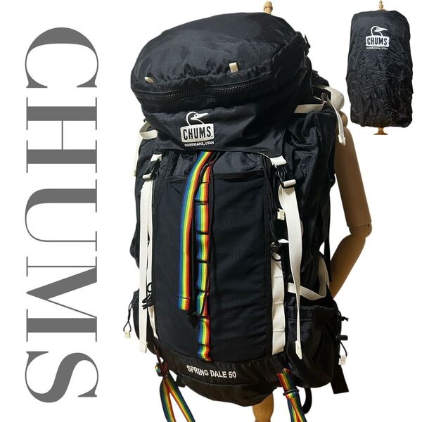 美品 レインカバー付き チャムス CHUMS リュック バックパック スプリングデール50 大容量 ブラック黒 登山 アウトドア