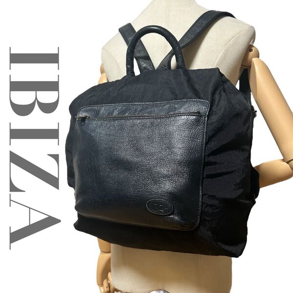 希少 イビサ IBIZA リュックサック デイパック A4収納 通勤 通学 ブラック 黒 レディース レザー ナイロン 会社 鞄