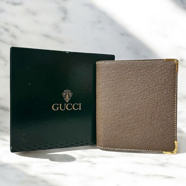 美品 箱付き GUCCI オールドグッチ 二つ折り財布 カード ブラウン コンパクト メンズ 薄型 スマート ウォレット レザー